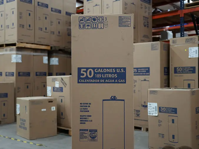 Water heaters in boxes at Hajoca Plumbing Supply Tulsa